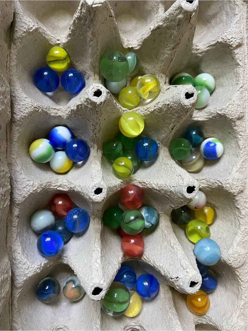 Vintage Assorted Glass Marbles - bananas  one shooter large green with few nicks